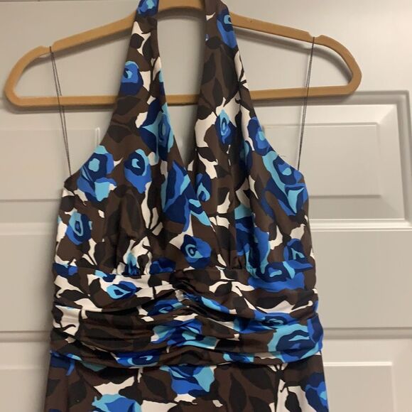 Donna Morgan Brown White Blue Rose Floral Halter Dress 8 - Picture 3 of 5